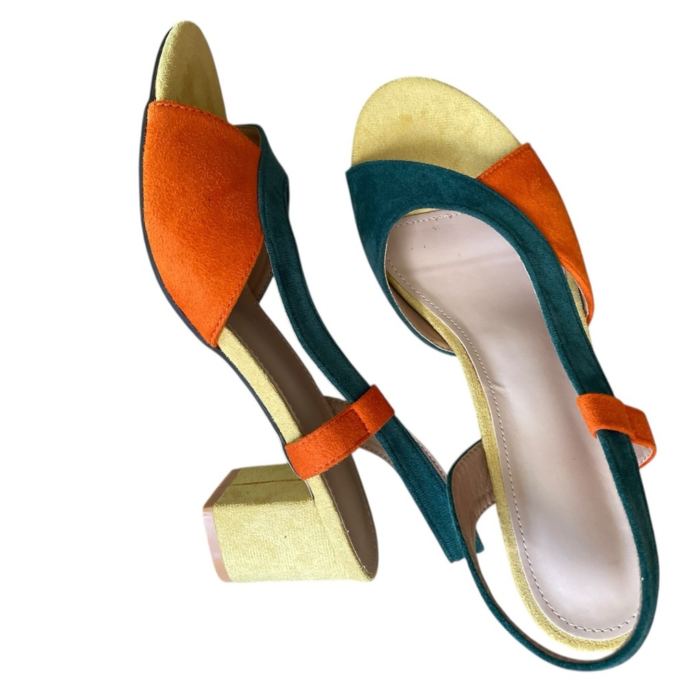 Colorblock Suede Open-Toe Sandals in Green, Orange & Yellow US Size 9